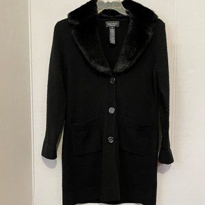 Nine West Black Long Cardigan Sweater With Detachable Faux Fur Collar
